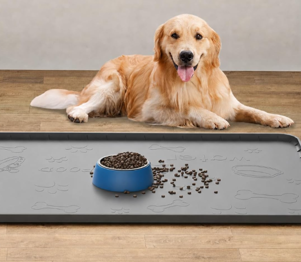 Silicone Pet Feeding Mat for Food and Water Bowls, Raised Edge Spill Containment Design, Waterproof Bowl Mat for Dogs and Cats