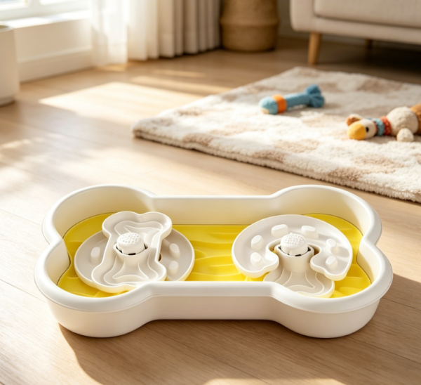 Dual Bowl Slow Feeder for Dogs, Bone Shaped Pet Feeding Station with Lick Mat, Non-Slip Interactive Feeding Bowl