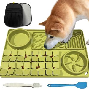 Dog Lick Mat with Pet Grooming Glove, Silicone Slow Feeder Feeding Pad for Interactive Treat Feeding and Grooming