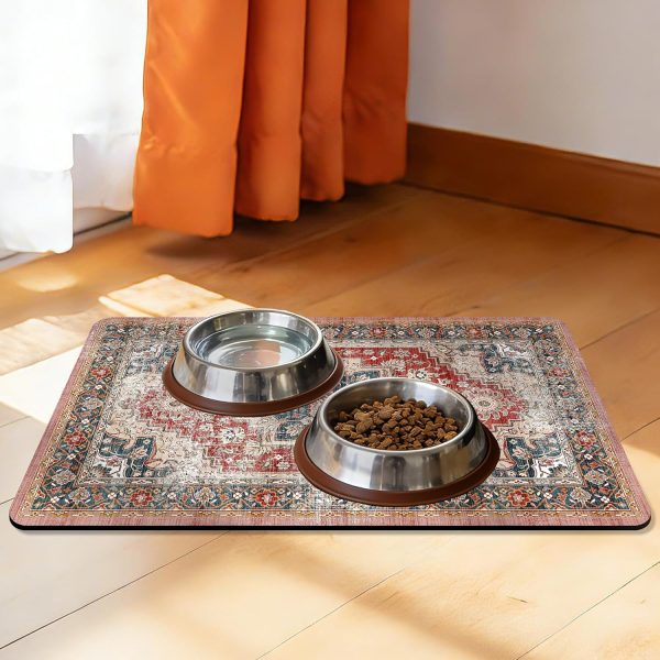 Boho Style Pet Feeding Mat for Food and Water Bowls, Absorbent Non-Slip Floor Mat for Cats and Dogs