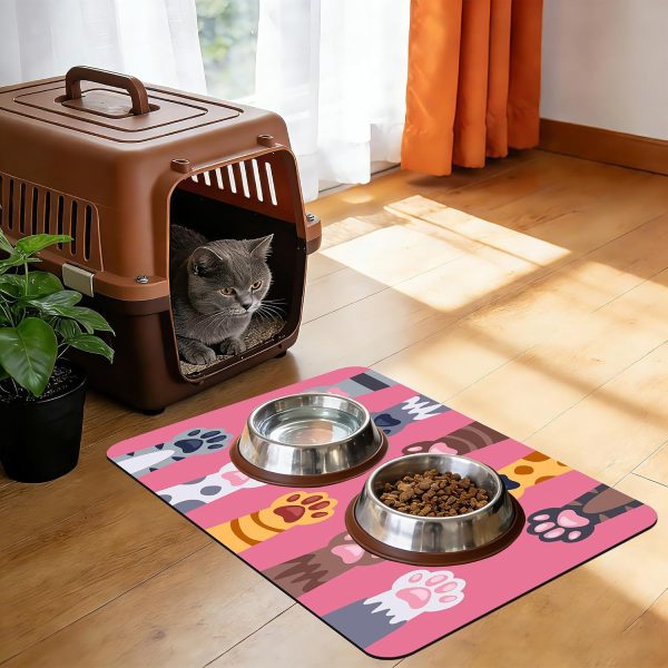 Paw Print Pet Feeding Mat for Food and Water Bowls, Super Absorbent Non-Slip Quick Dry Floor Mat for Pets